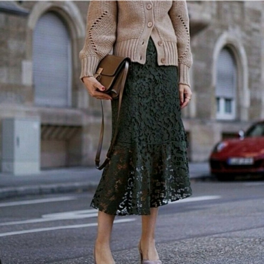 Zara Olive Green Embroidered Midi Skirt NWT - Picture 6 of 13